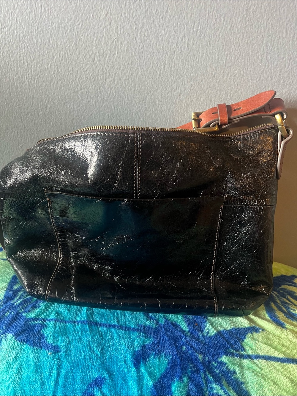 HOBO Black Leather Crossbody with Tan Strap Accents